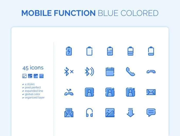 180 Mobile Functions Icons Blue Colored