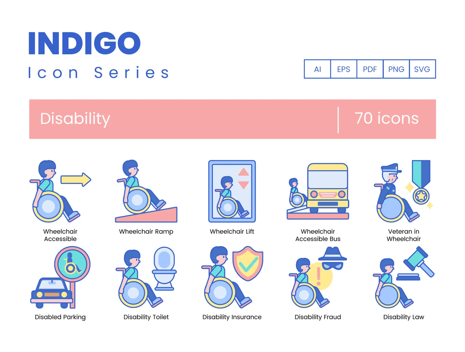 70 Disability Icons- Indigo Series