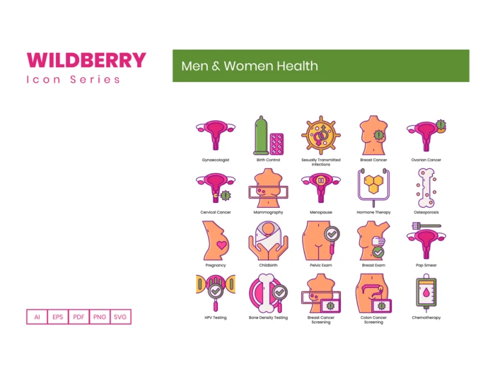 85 Men & Women Health Icons - Wildberry Series