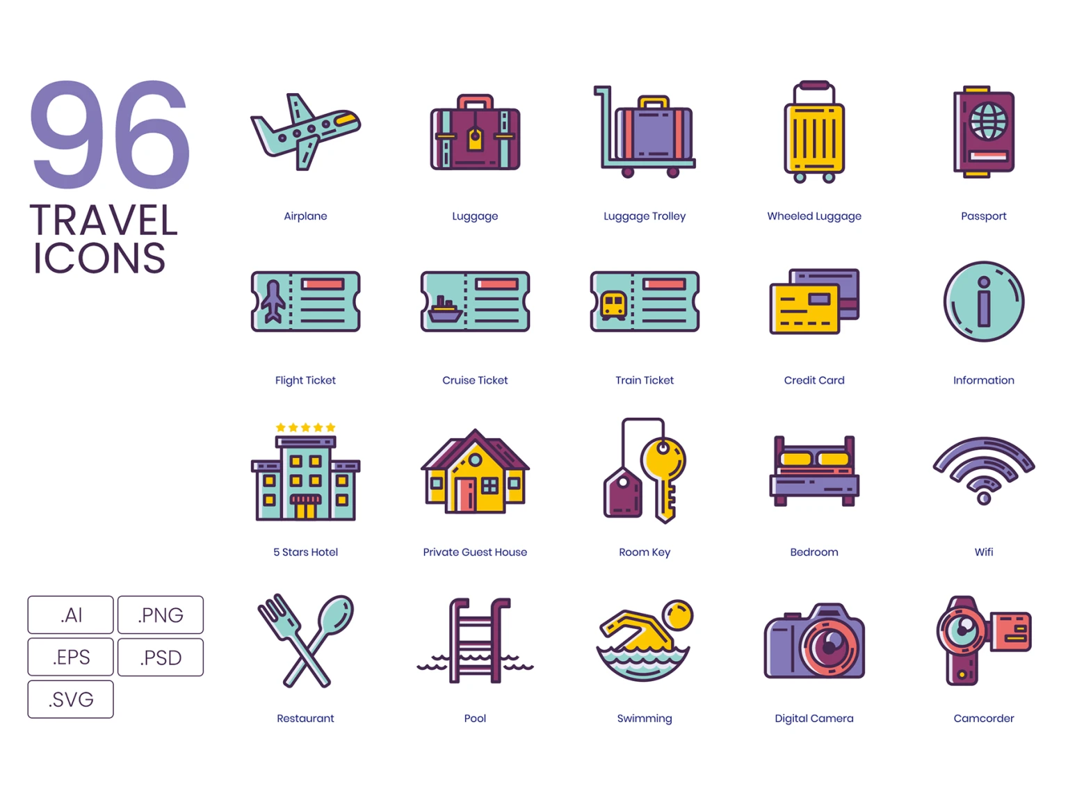 96 Travel Icons - Lilac Series