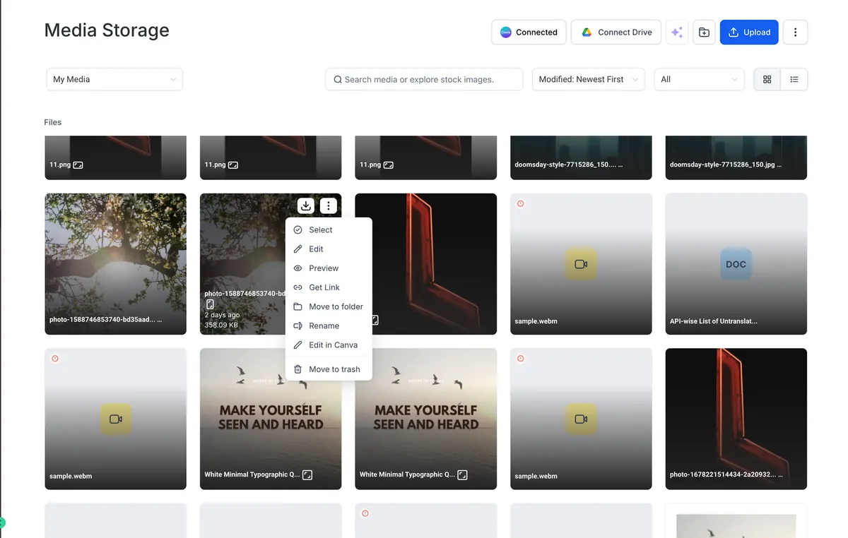 Learn how to browse, edit, and import Canva designs directly into Media Storage without manual downloads.