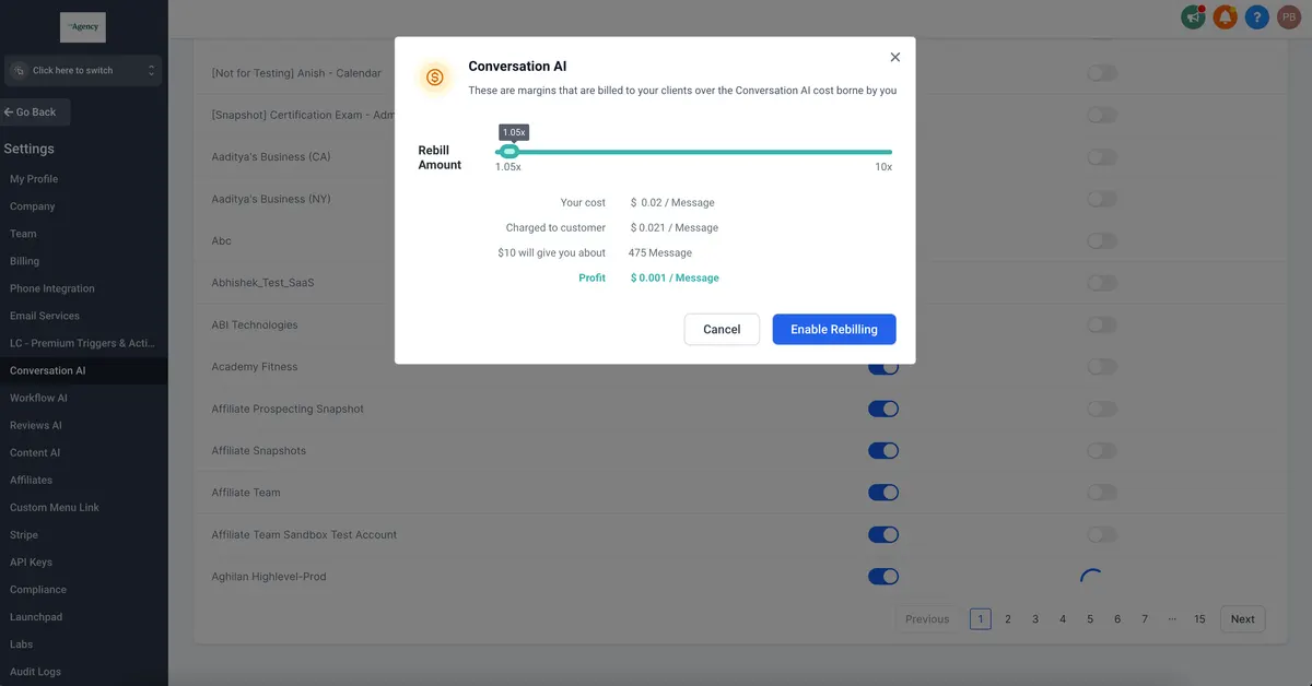 Pricing and Rebilling Conversation AI : HighLevel Support Portal