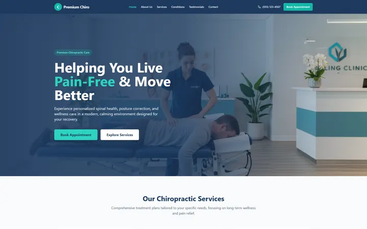 Chiropractic GoHighLevel AI Studio website template design 1 home page