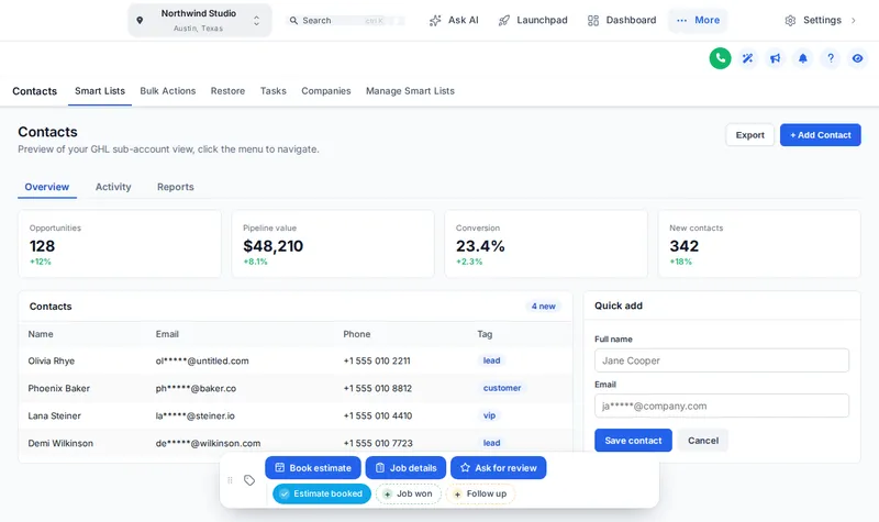 Contact actions bar on a GoHighLevel contact: quick tags for estimate booked and job won, and workflow buttons