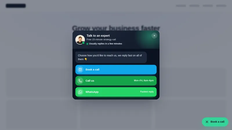 Book a call hub floating widget opened on a sample website with call, booking and message options