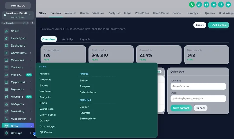 GoHighLevel Sites menu opened as a multi-column mega menu on the Aurora theme
